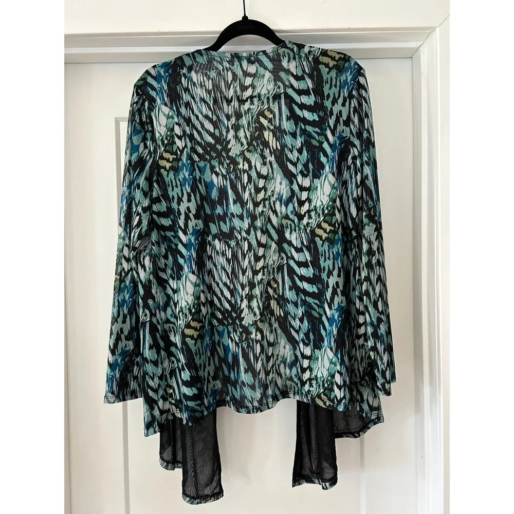 Chicos Mesh Open Front Cardigan Blue Teal Abstract Print Long Sleeve Top M L